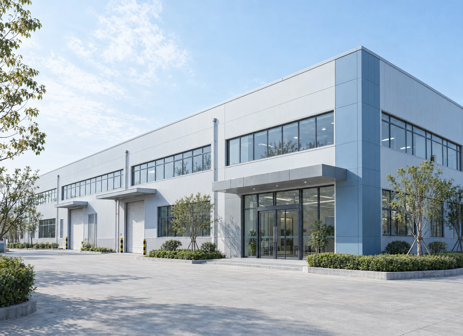 A light blue and white factory building with a glass entrance and landscaped grounds
