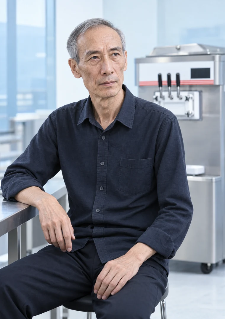 An experienced engineer seated beside ice cream equipment in a bright workshop