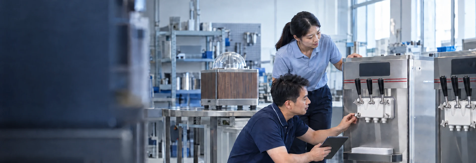 Two technicians checking a stainless steel soft serve machine on the workshop floor