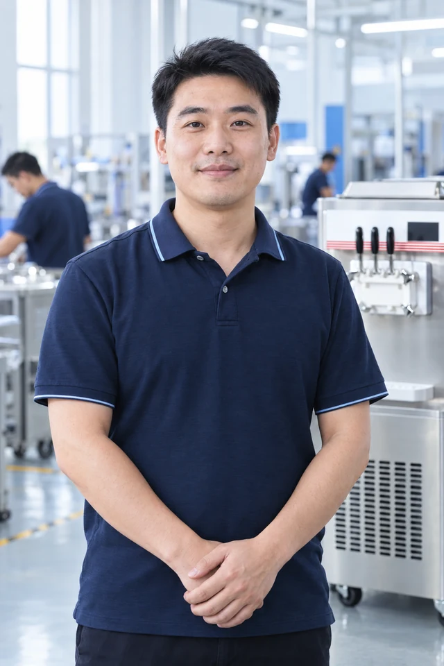 An engineer in a navy polo shirt