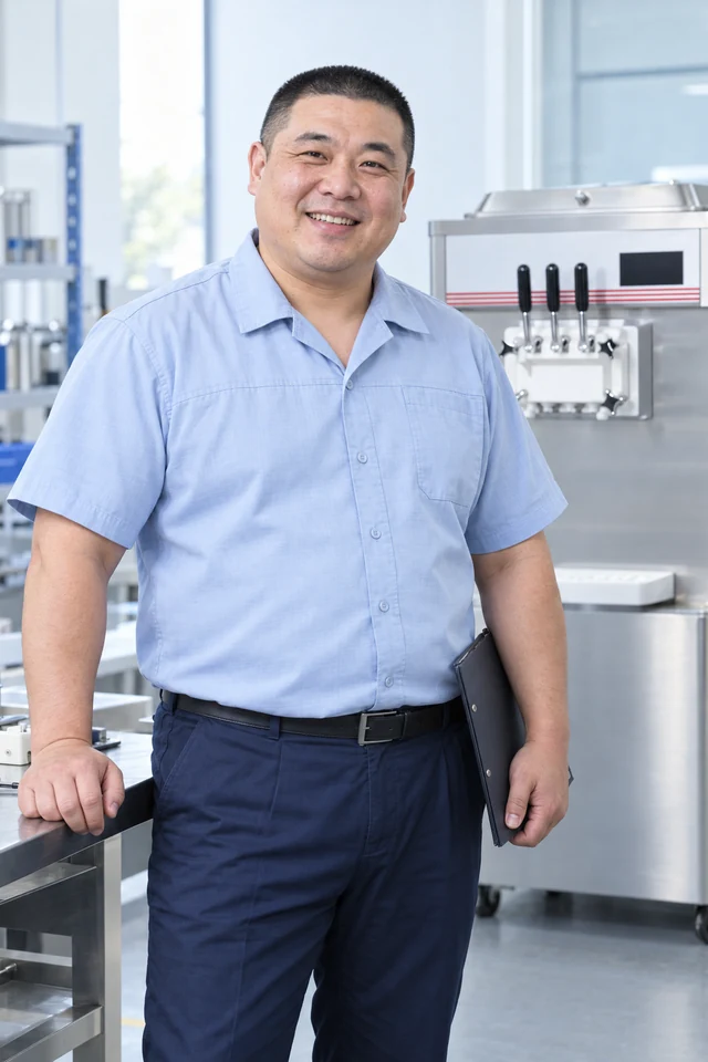 A quality specialist in a light blue shirt