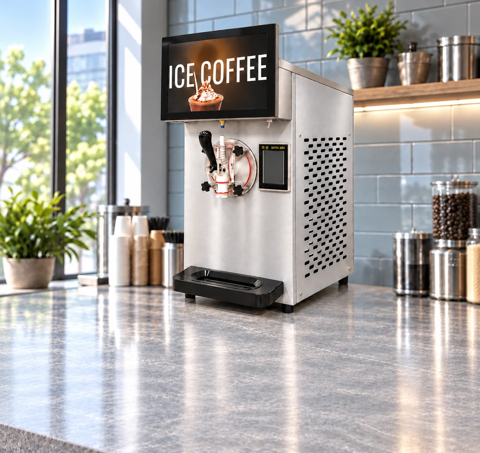 Commercial frozen drink machine in an illustrative cafe setting
