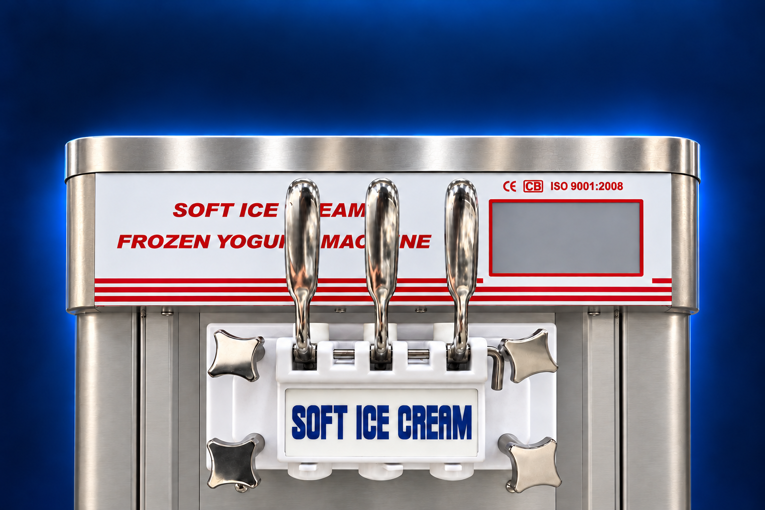 Single front control panel and three dispensing handles on the photographed machine.