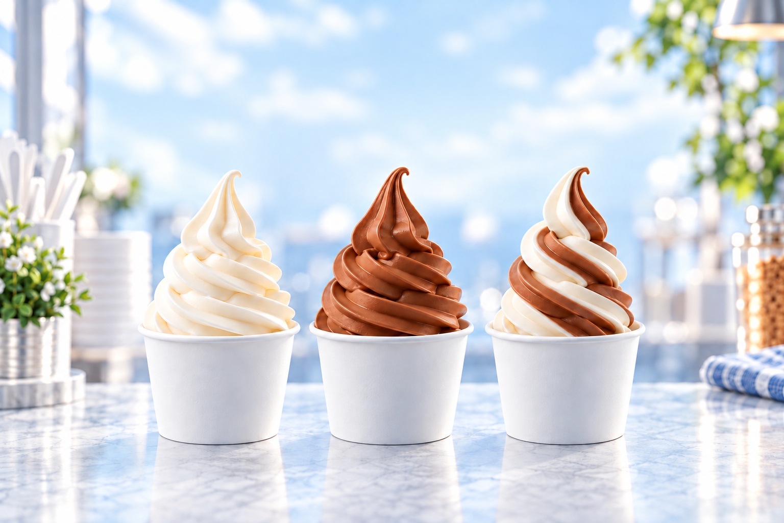 Vanilla, chocolate and intertwined two-color soft serve in three cups; serving illustration.