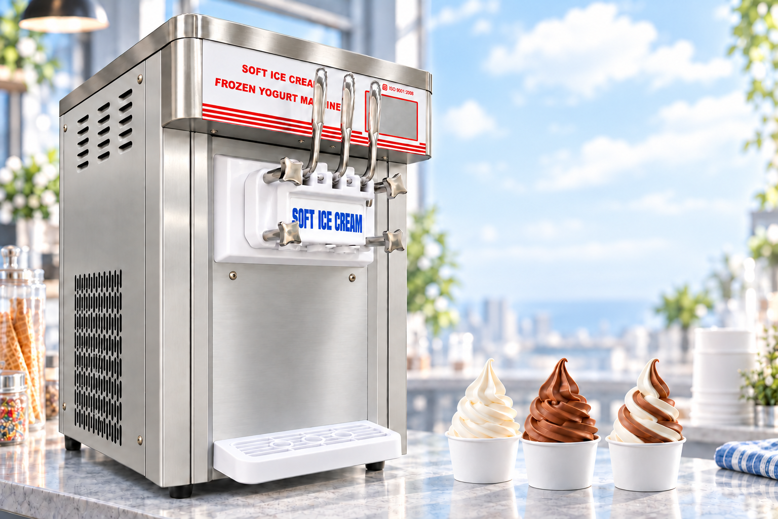 Countertop soft serve machine with three handles, one control panel, and three illustrated servings.