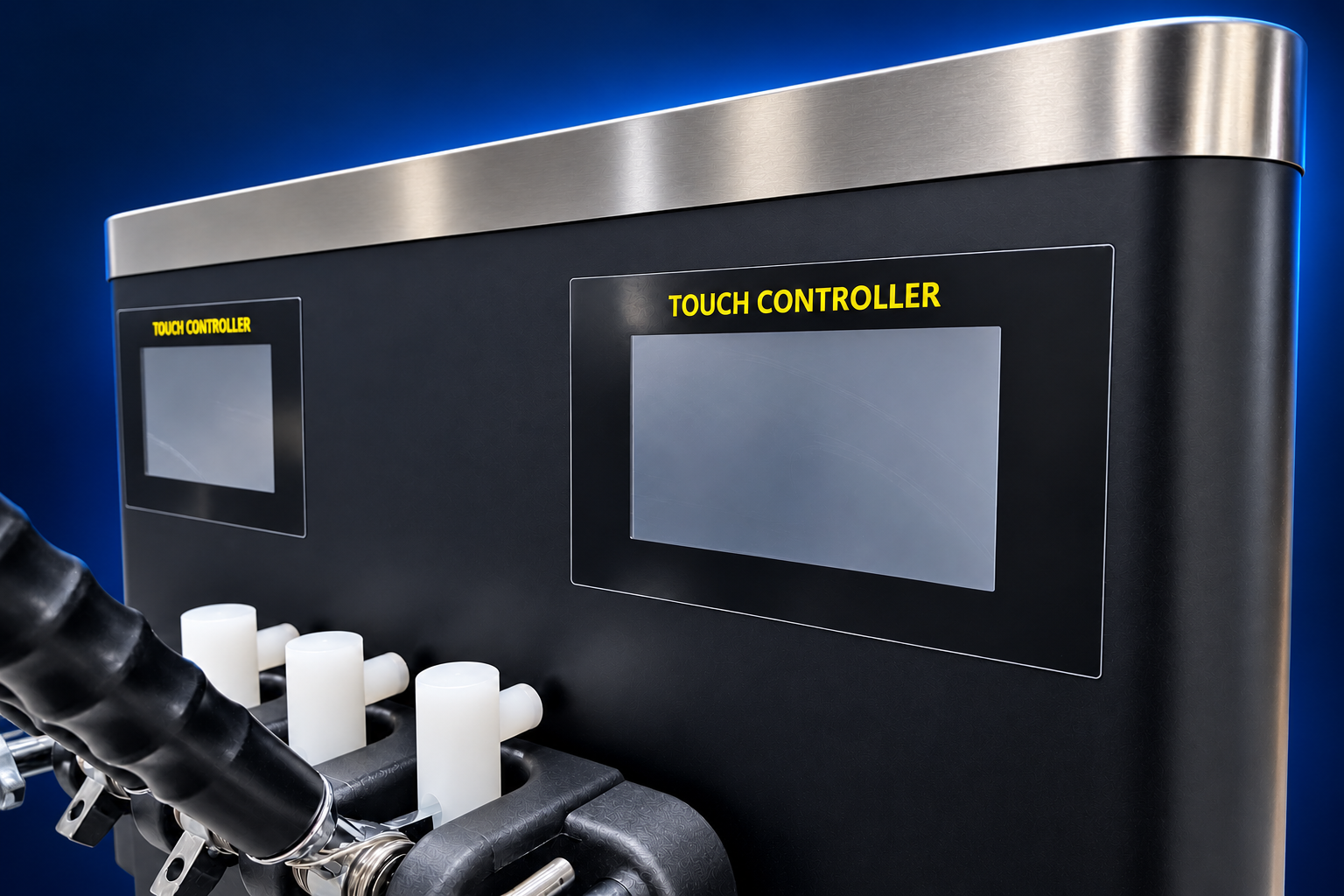 Two touch controllers on the machine, shown with their screens off.