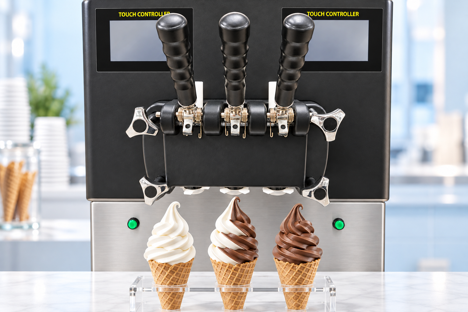 Three handles and outlets, with two base flavors and one twist serving illustrated.