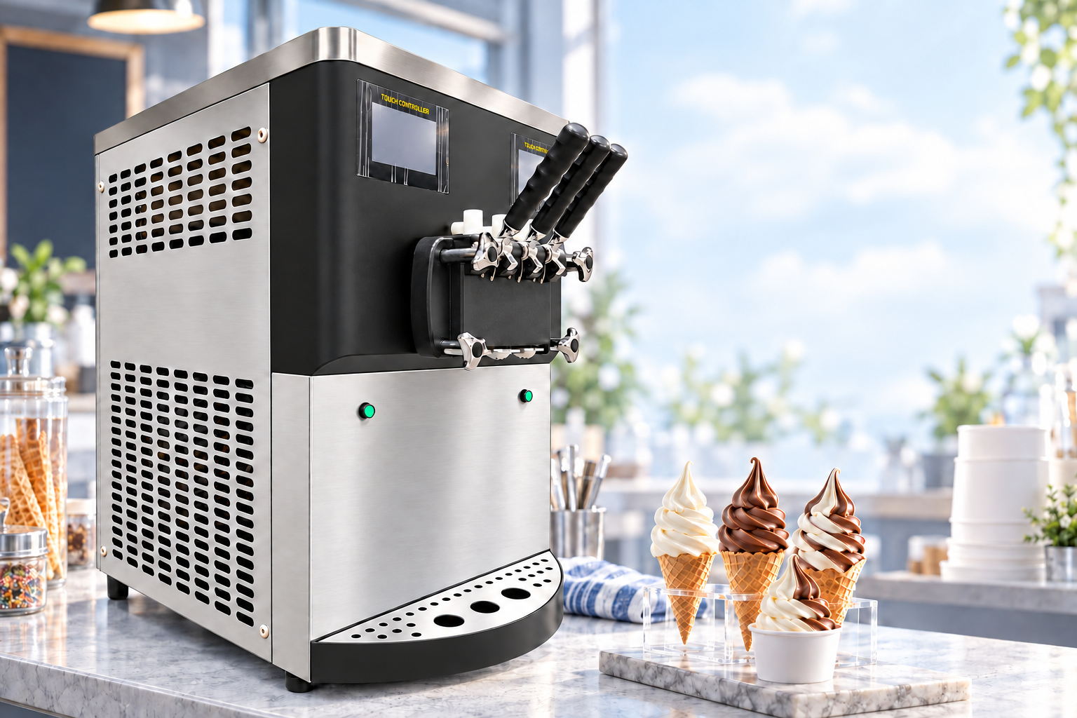 Countertop soft serve machine in a bright shop, with three cones and a cup shown as serving illustrations.