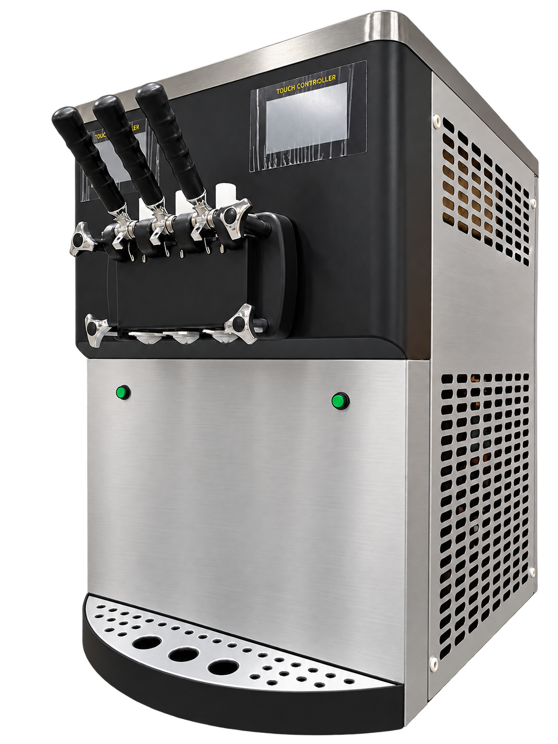 Right front view of the countertop machine with ventilation panels.
