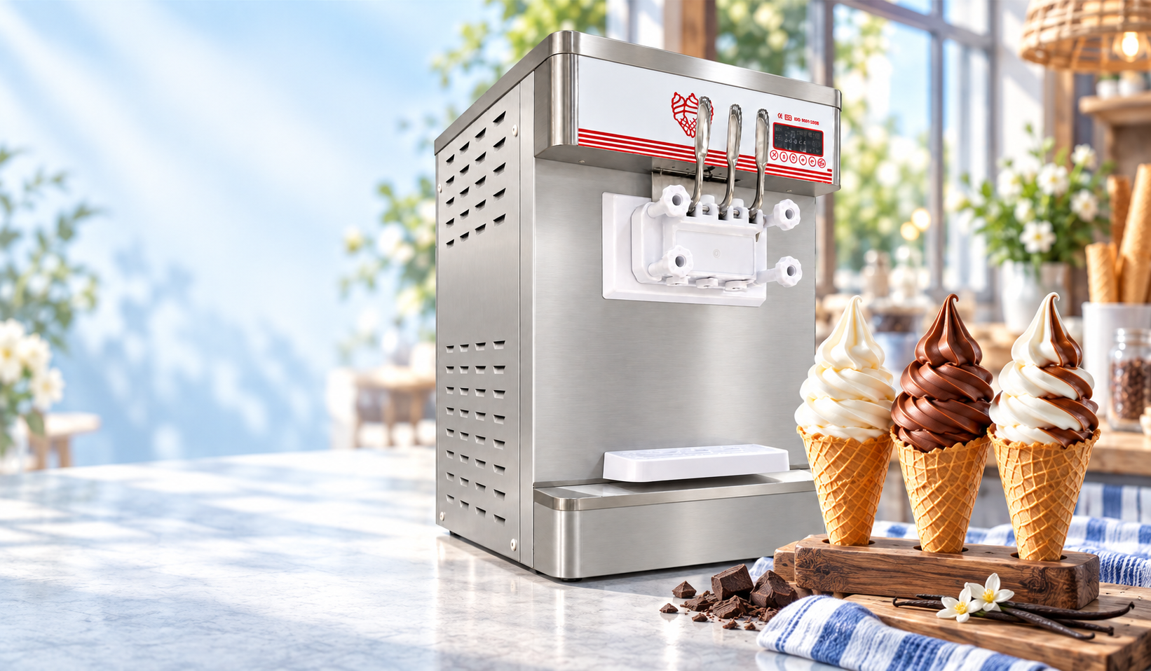 Illustrative scene of the countertop machine with vanilla, chocolate and mixed soft serve in the foreground