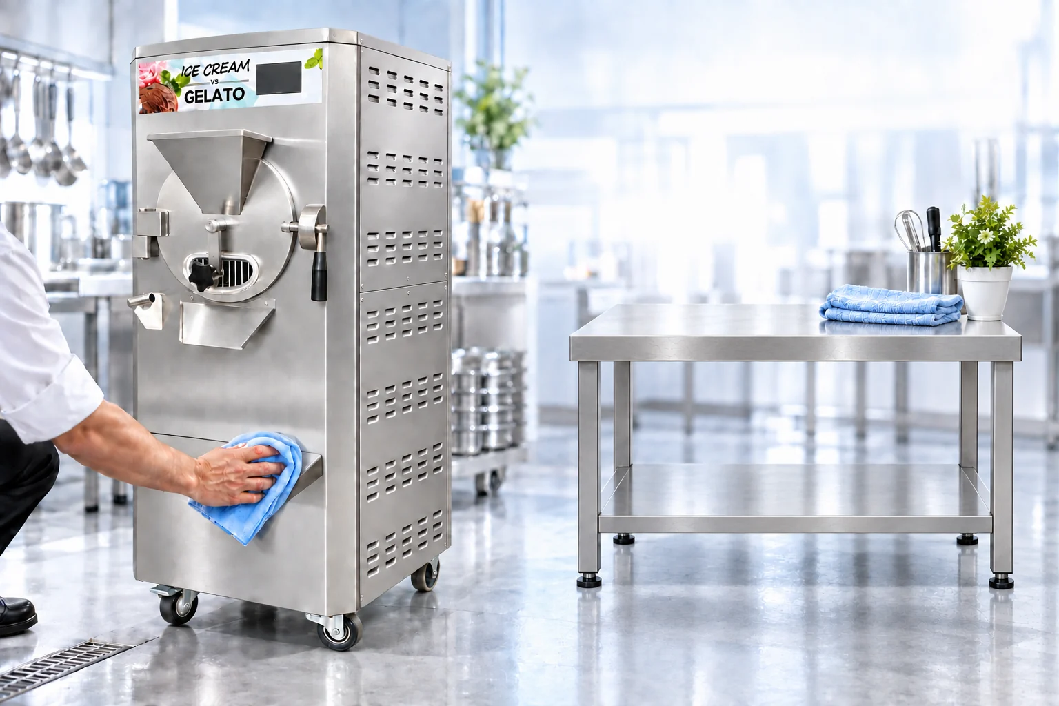 A person wipes the gelato machine with a blue cloth in an illustrative commercial kitchen scene