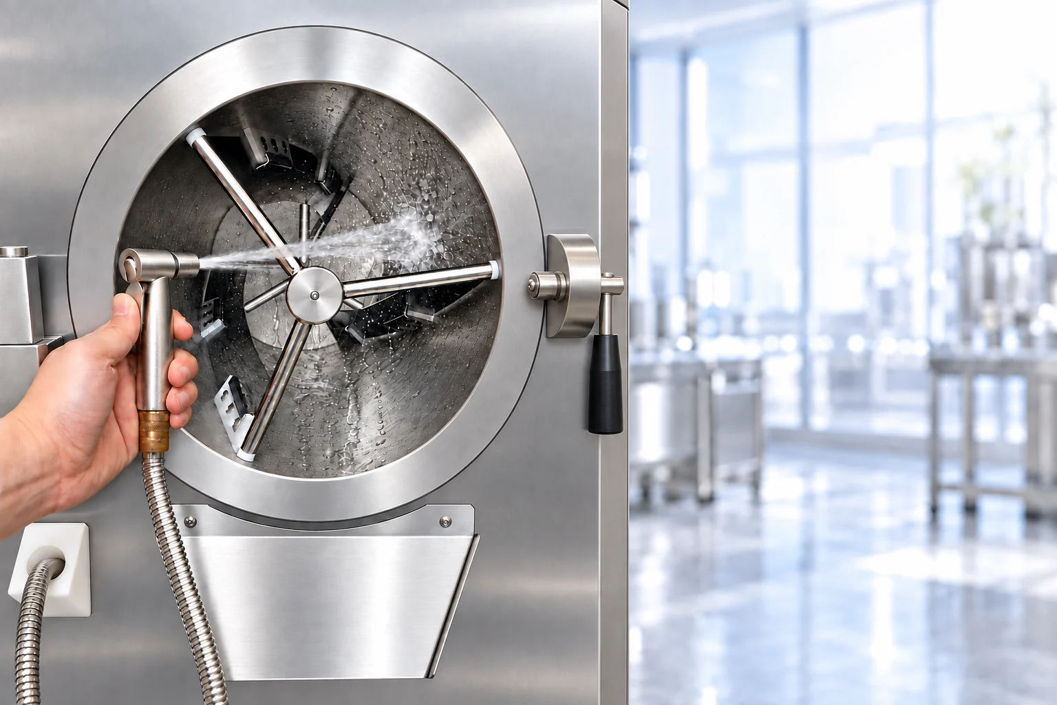 Hand-held spray rinsing the stainless-steel freezing cylinder in a bright commercial kitchen