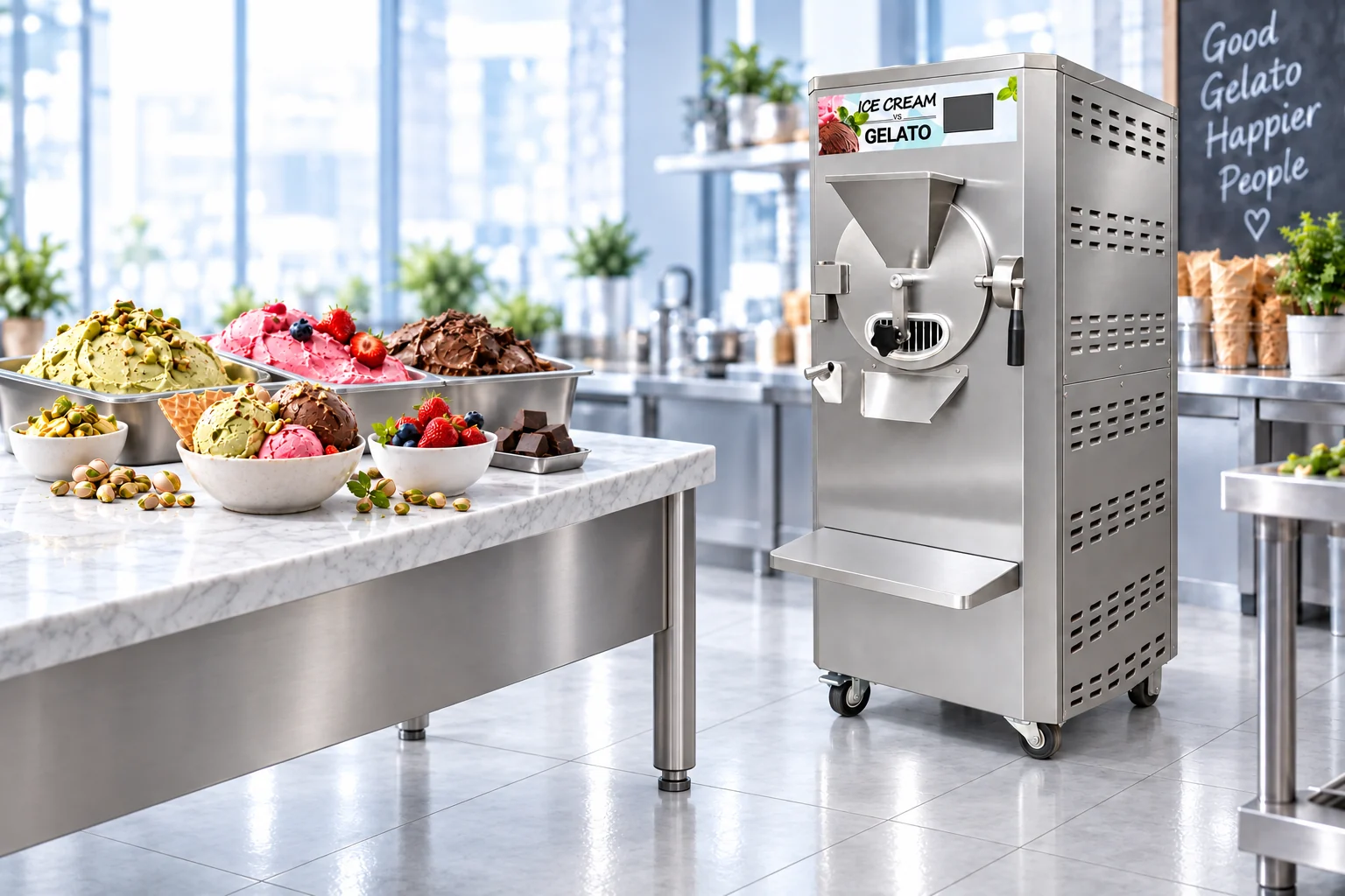 Illustrative gelato shop scene with the machine, gelato trays, fruit and ingredients