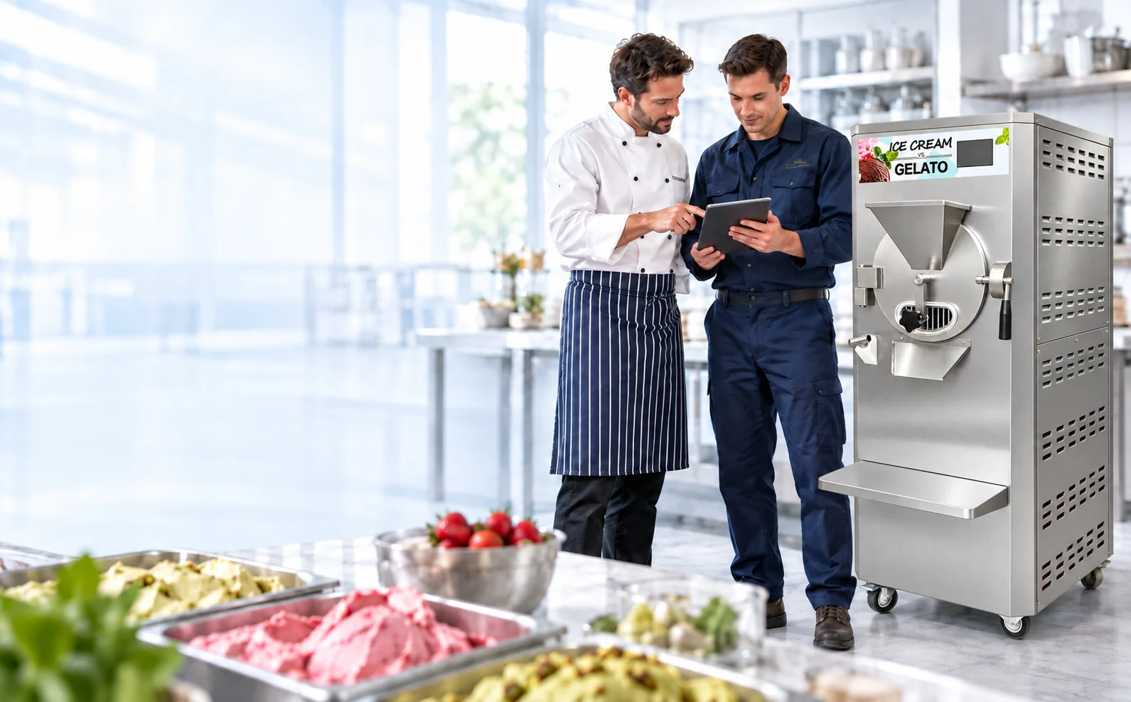 Illustrative scene of a chef and technician reviewing a tablet beside a gelato machine