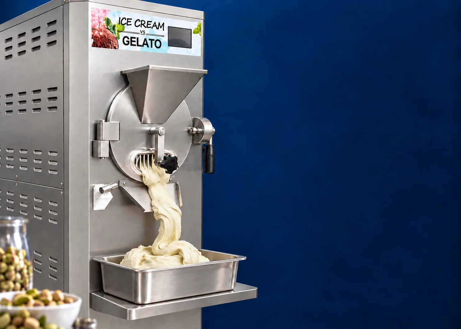 Illustrative close-up of the gelato machine dispensing pistachio gelato into a tray
