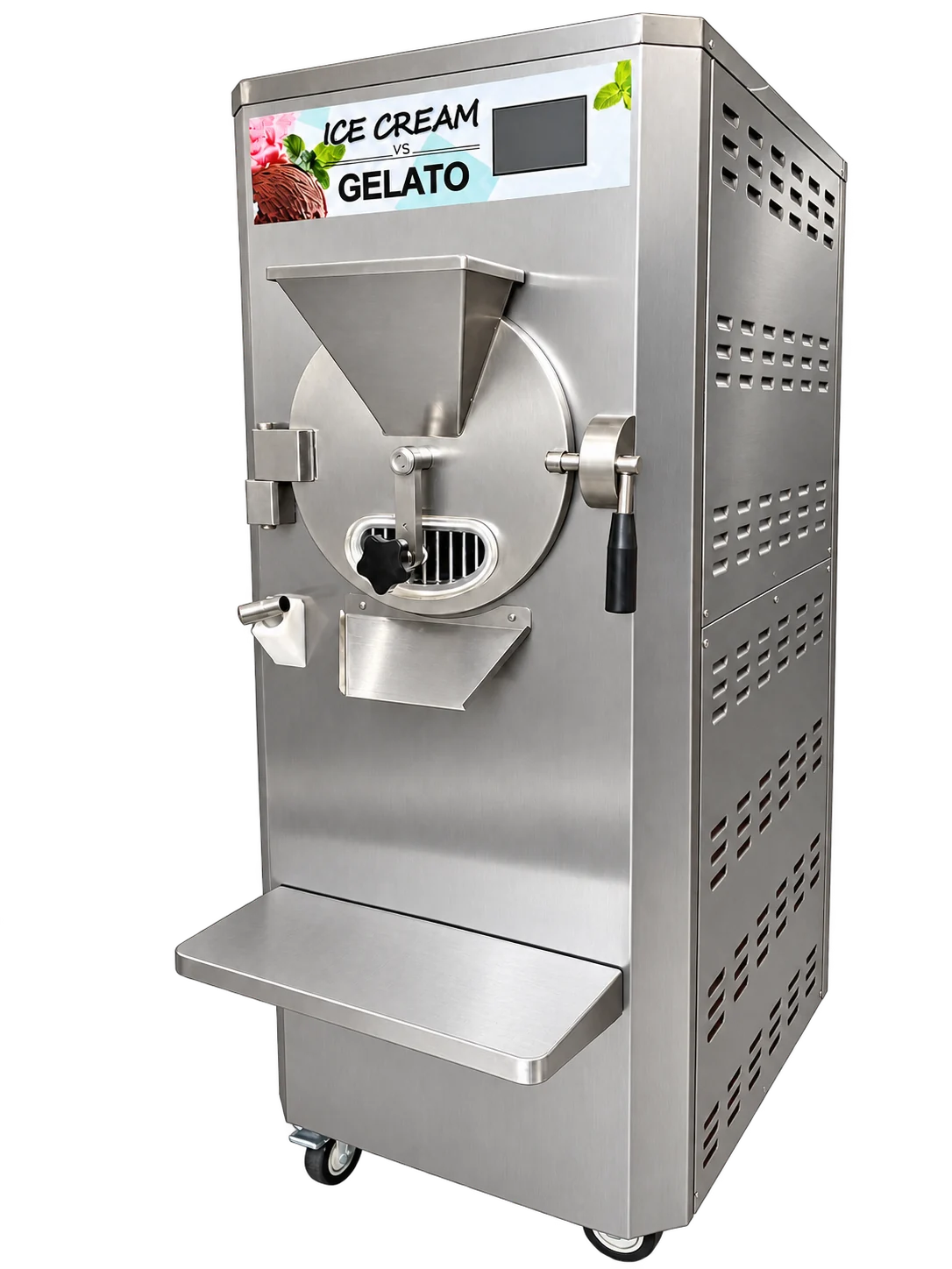 Floor-standing gelato batch freezer with a stainless-steel circular front door, discharge chute and caster wheels
