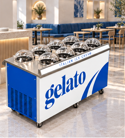 Gelato machine in an illustrative restaurant dessert station setting