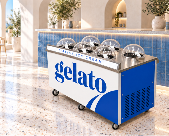 Gelato machine in an illustrative gelato shop setting