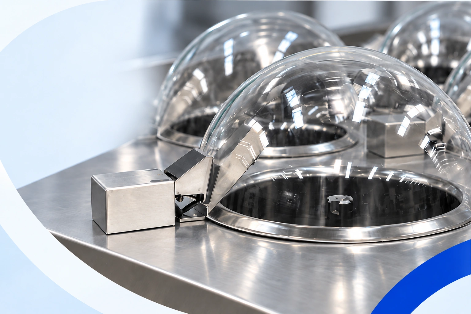 Clear dome covers on the stainless-steel worktop