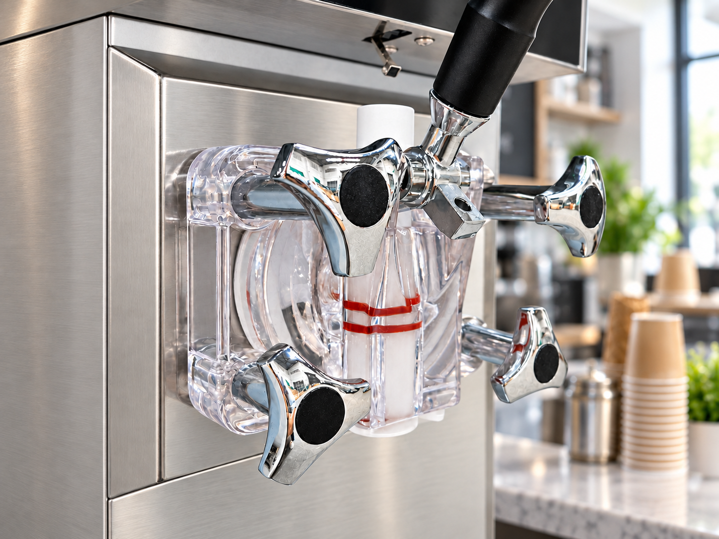 Single dispensing handle and transparent dispensing block with four retaining knobs.