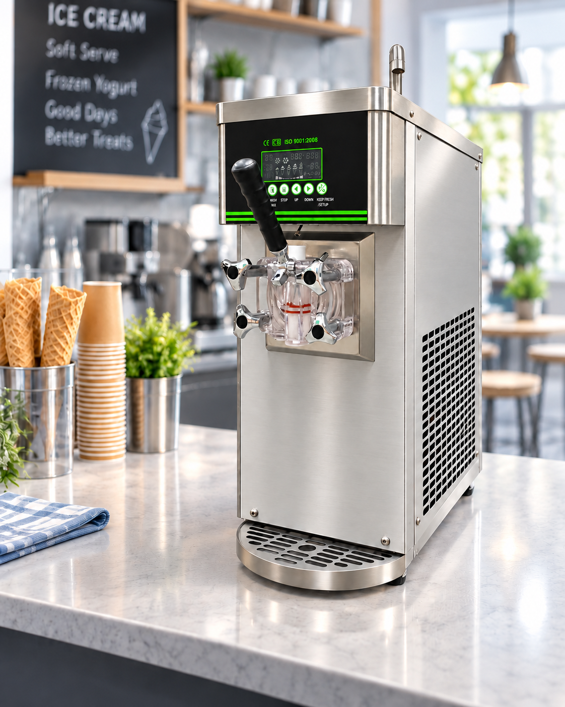 Countertop soft serve machine in a café, with one dispensing outlet.