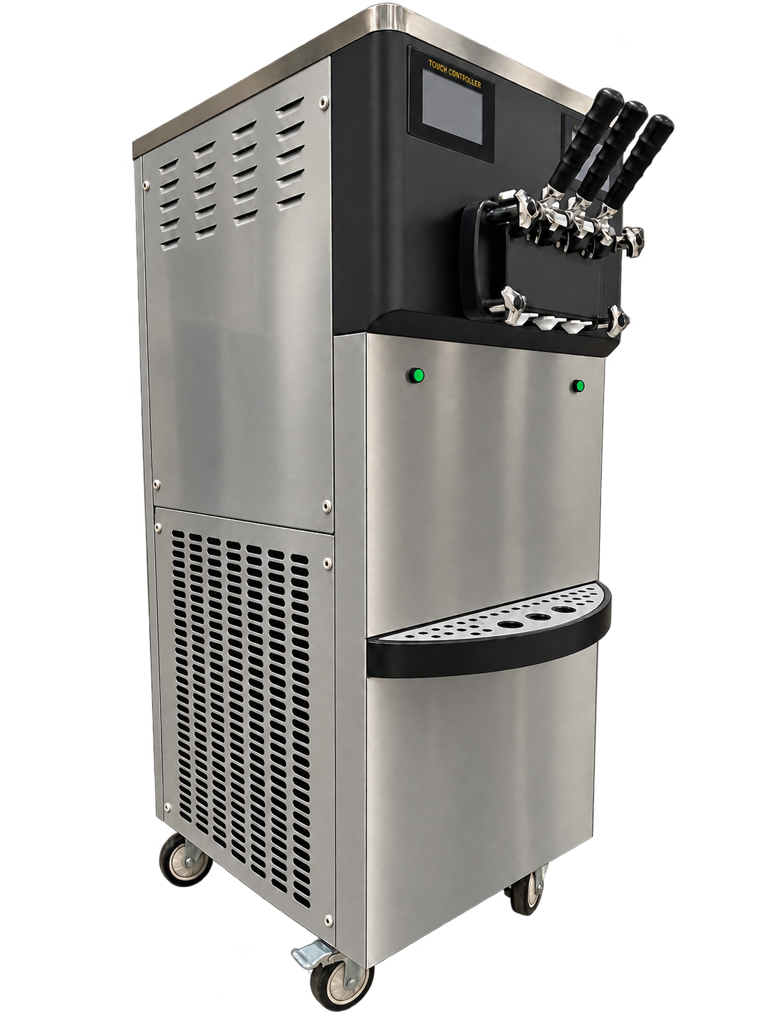 Approved right-facing front-quarter photograph of the complete machine, showing the dispensing head, curved drip tray, side panel and casters.