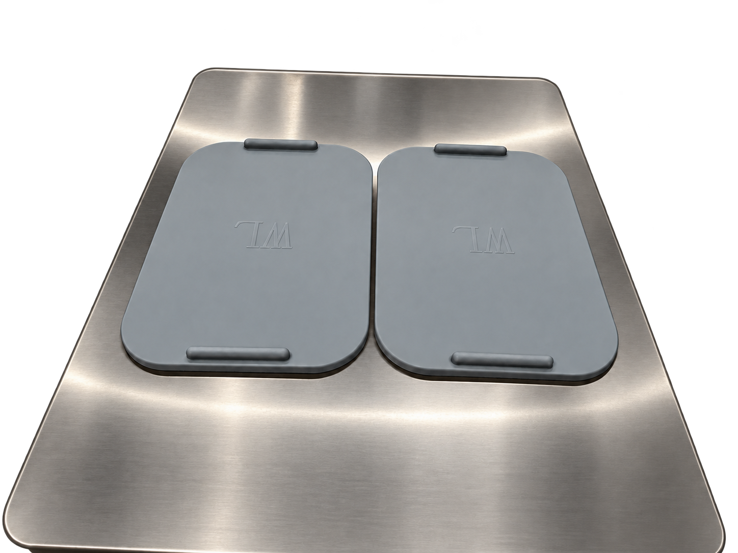 Two individual hopper lids on the steel top.