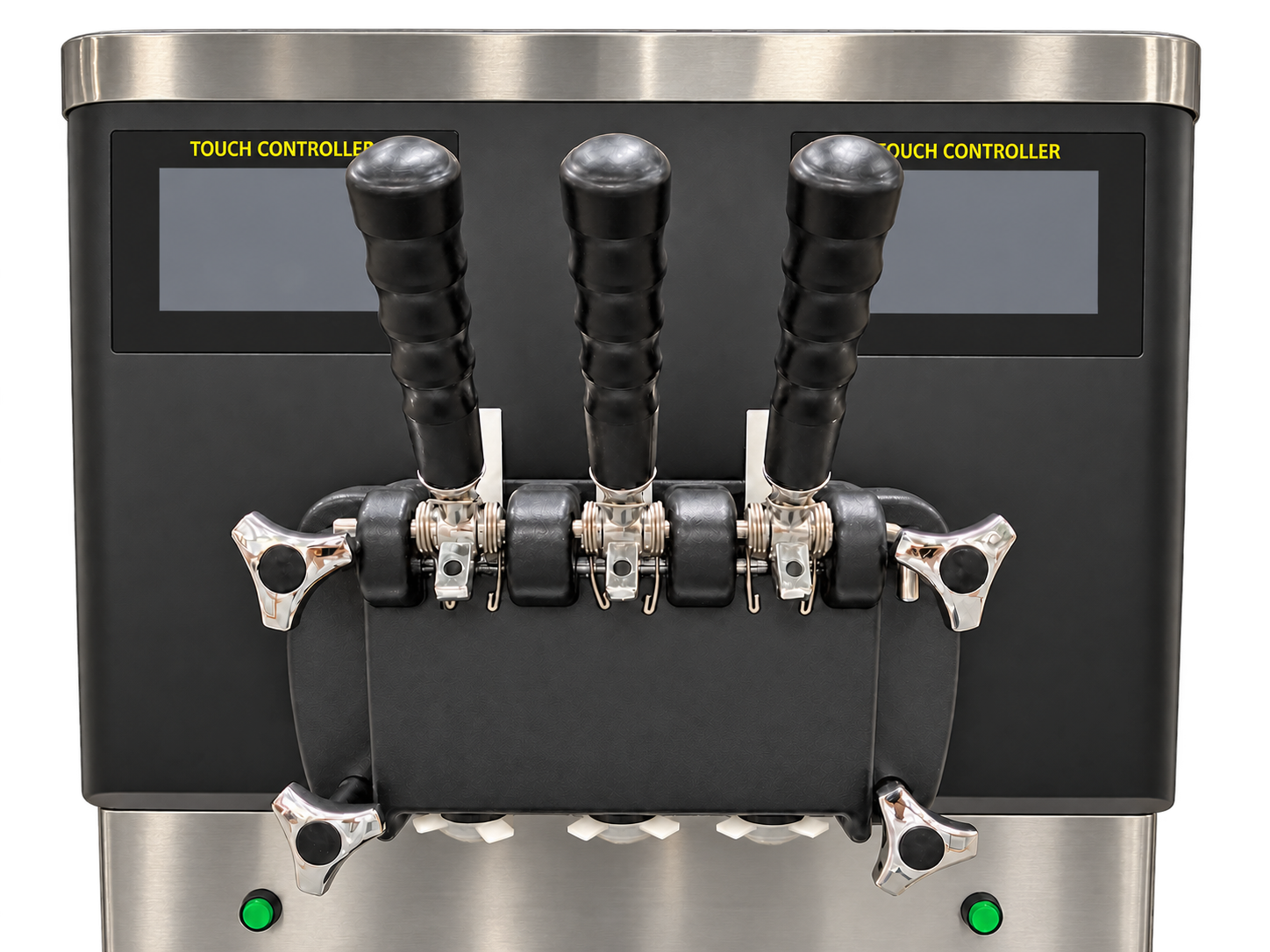 Two inactive control screens and three dispensing handles.