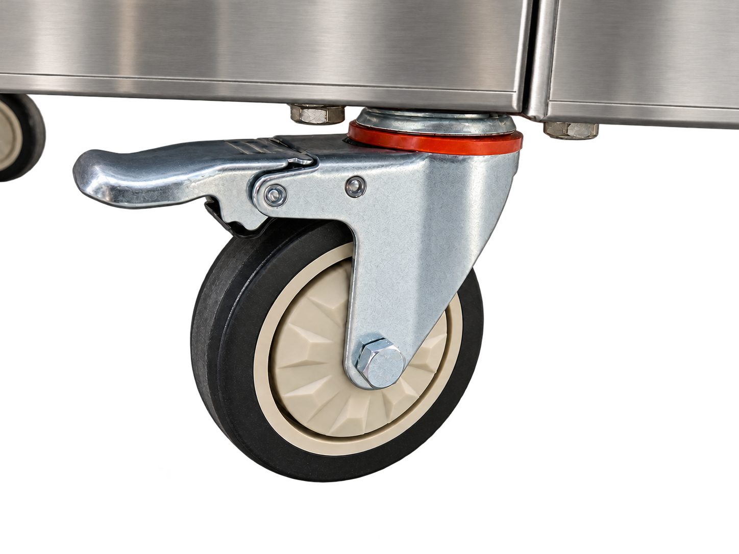 Caster wheel, metal bracket and foot-operated brake.