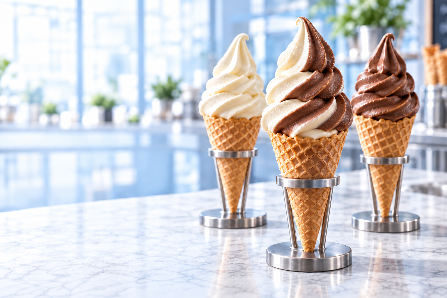 Three illustrative soft-serve cones: two single flavors and one mixed serving.