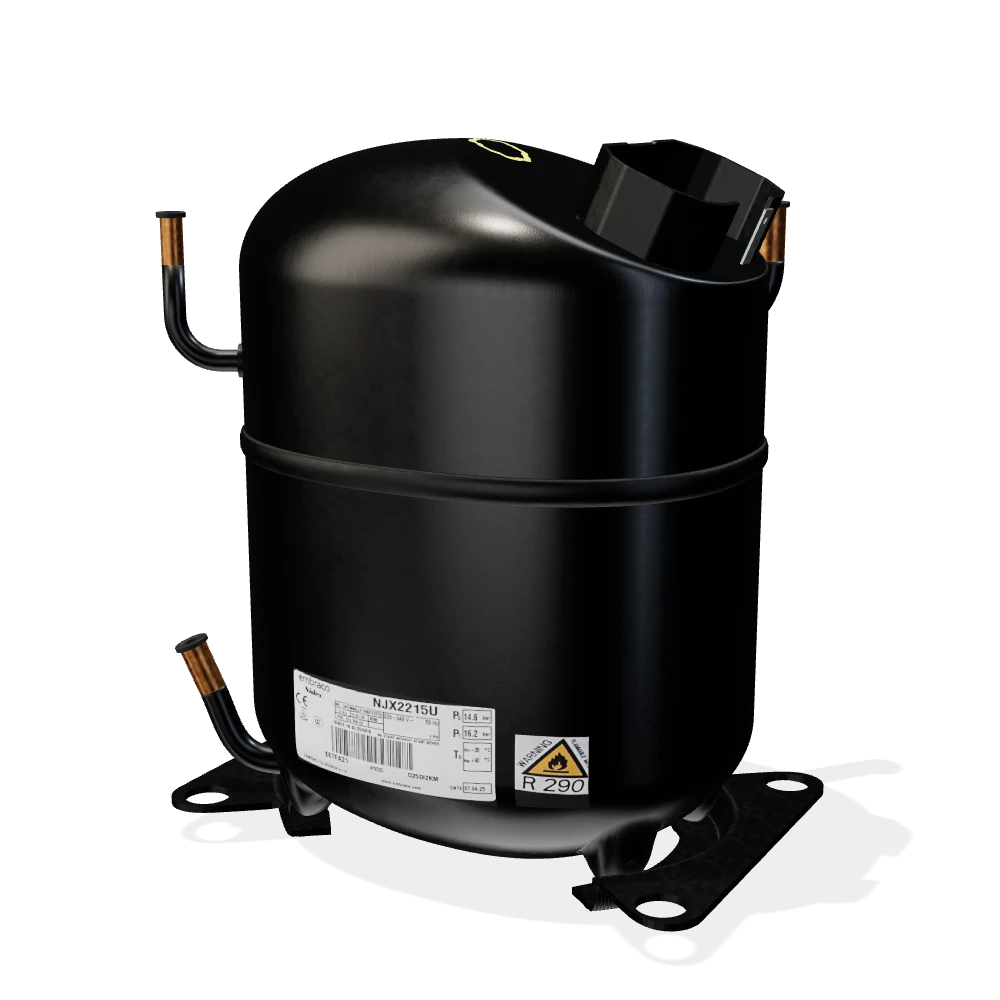 Black compressor with copper pipes, terminal guard and mounting feet