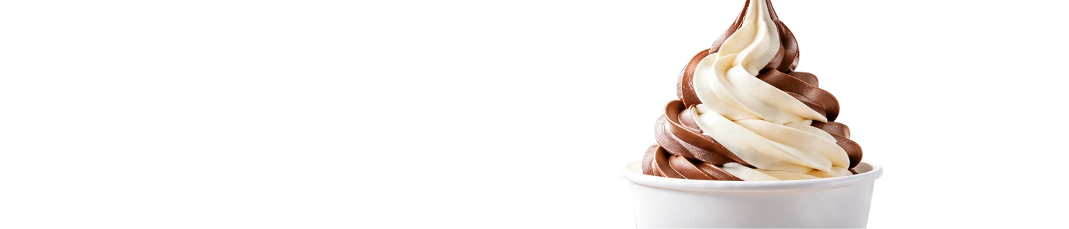Vanilla and chocolate soft serve in a white cup