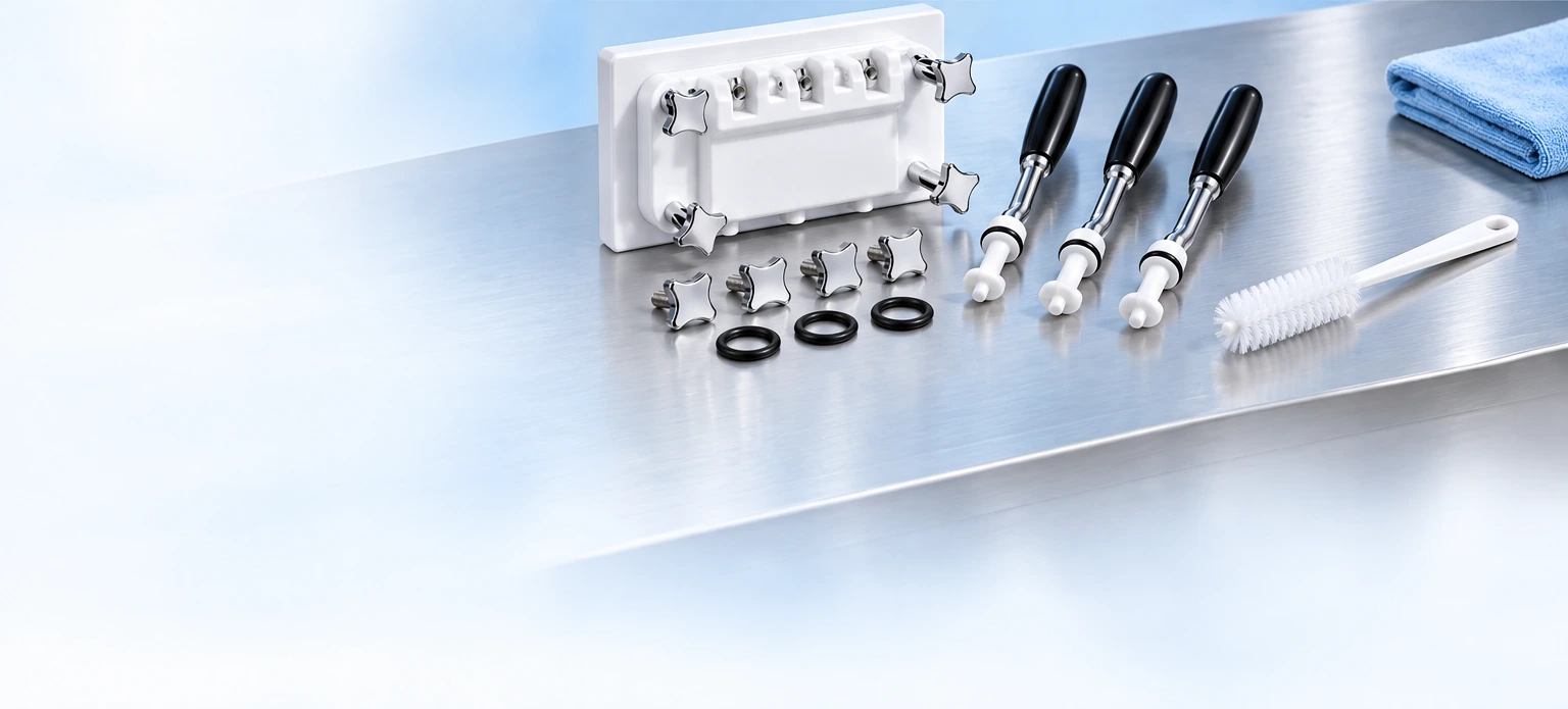 One continuous stainless steel worktop scene with removable dispensing parts, handles, seals, brush and cloth.