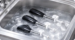 Removed dispensing parts are washed in a sink.