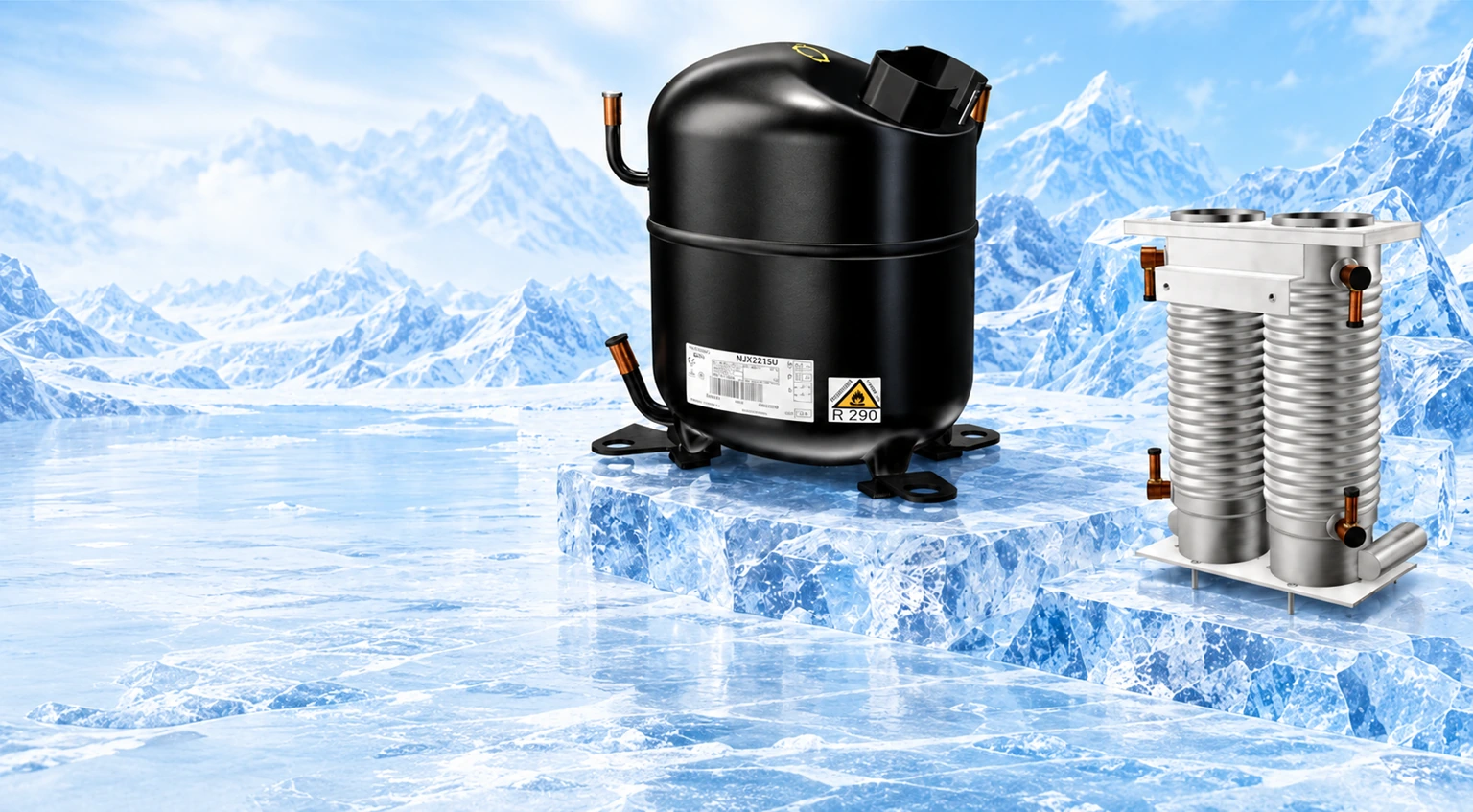 An Embraco compressor and twin freezing cylinders on ice platforms in a continuous mountain landscape.