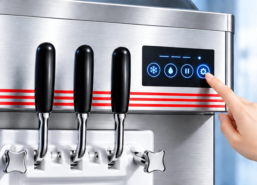 A hand operates the illuminated control panel of a stainless steel soft serve machine.