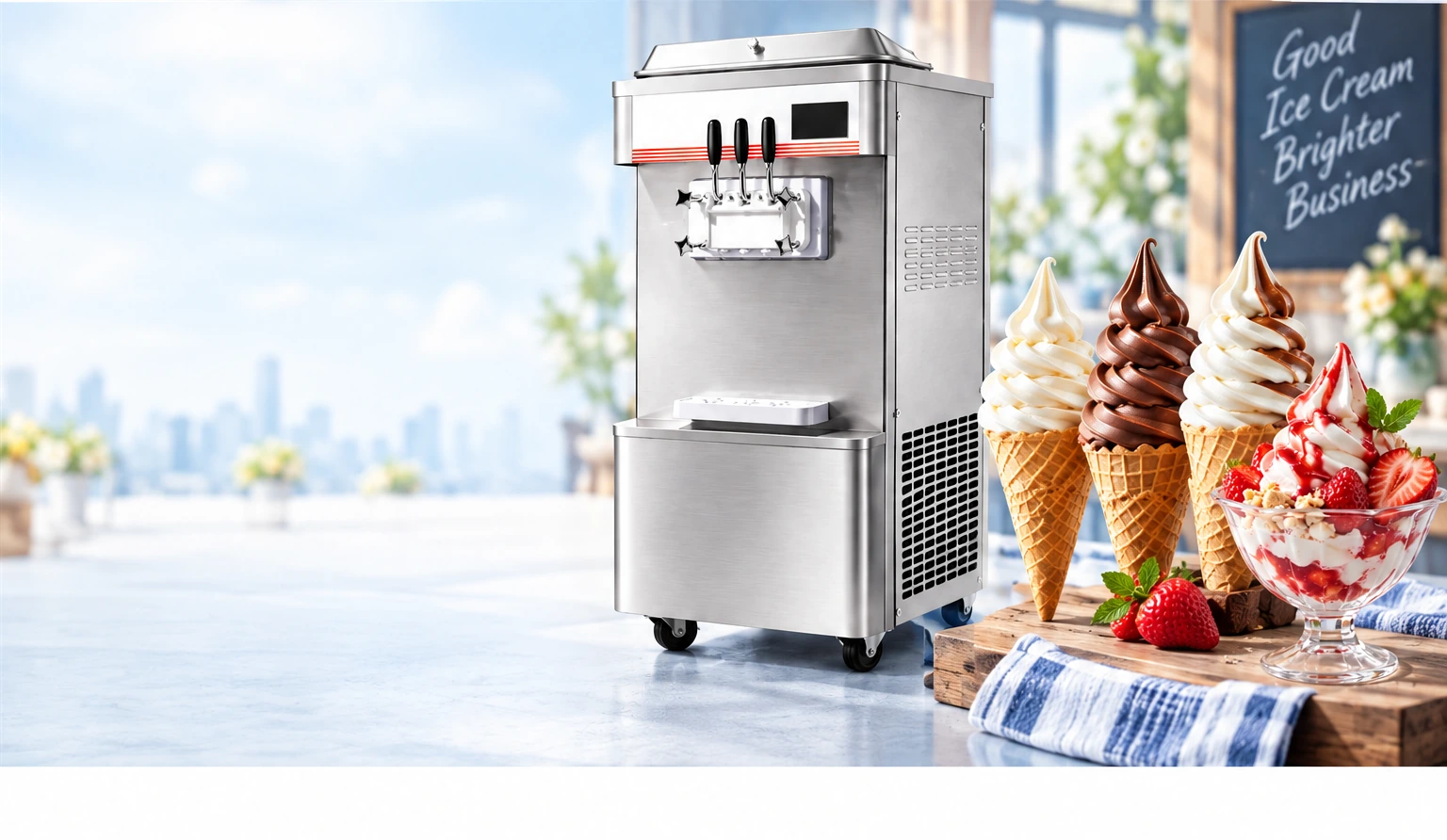 A stainless steel soft serve machine beside vanilla, chocolate and mixed cones and a strawberry sundae in a bright cafe.
